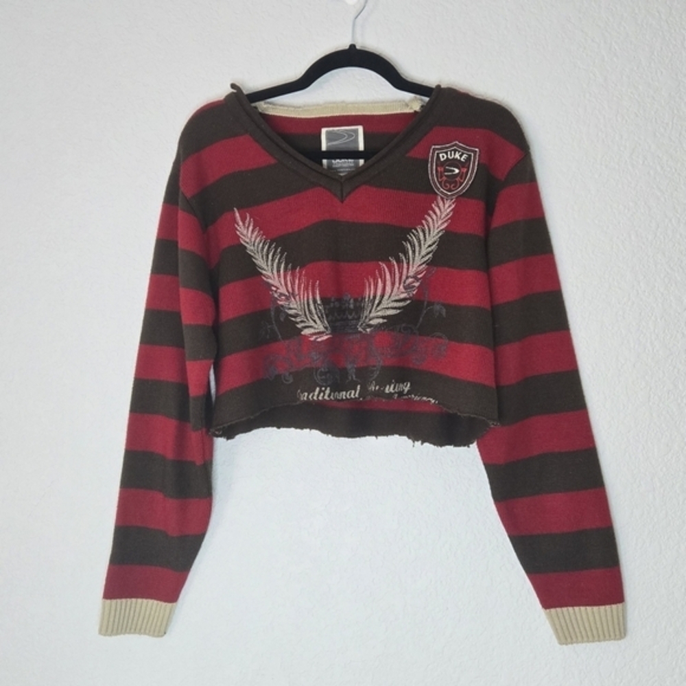 DUKE L Red and Brown Striped Cropped‎ Wool Rugby Sweater